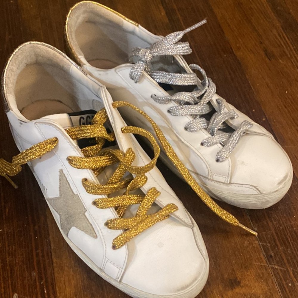 Golden Goose White Leather Sneakers with Gold & Silver Laces